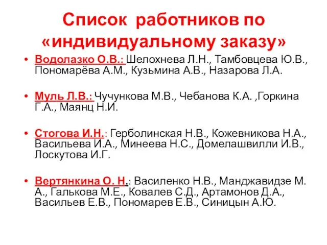 Список работников по «индивидуальному заказу» Водолазко О.В.: Шелохнева Л.Н., Тамбовцева Ю.В., Пономарёва