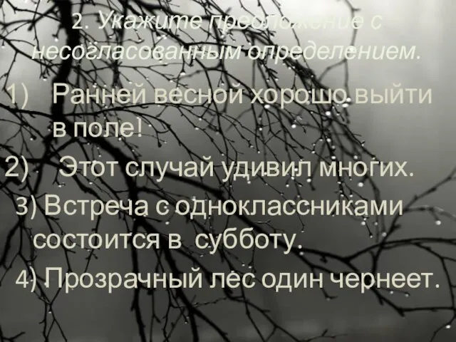 2. Укажите предложение с несогласованным определением. Ранней весной хорошо выйти в поле!