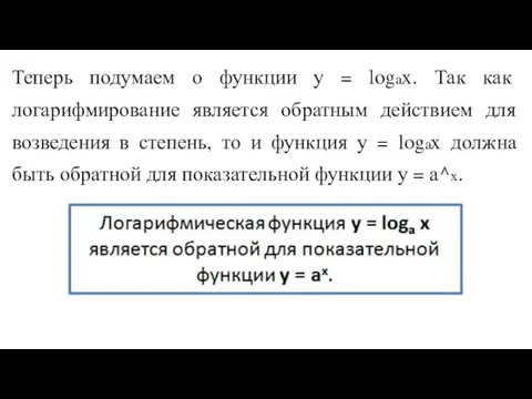 Теперь подумаем о функции у = logax. Так как логарифмирование является обратным