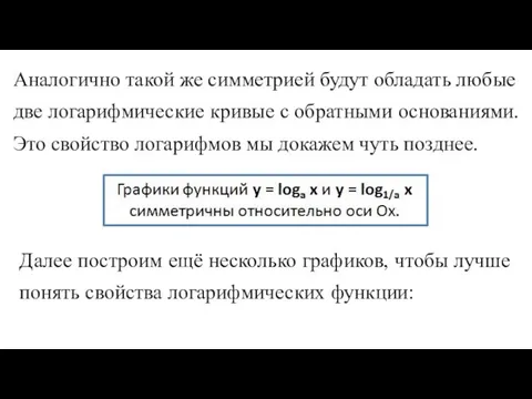 Аналогично такой же симметрией будут обладать любые две логарифмические кривые с обратными