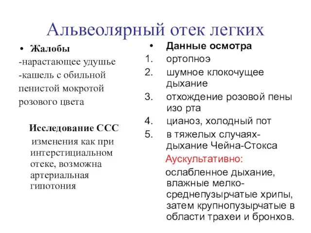 Альвеолярный отек легких Жалобы -нарастающее удушье -кашель с обильной пенистой мокротой розового