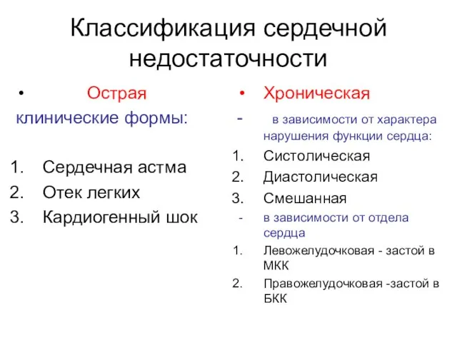 Классификация сердечной недостаточности Острая клинические формы: Сердечная астма Отек легких Кардиогенный шок