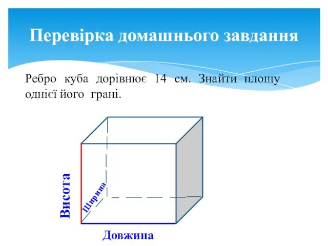 Ребро куба дорівнює 14 см. Знайти площу однієї його грані. Перевірка домашнього завдання Висота Довжина Ширина