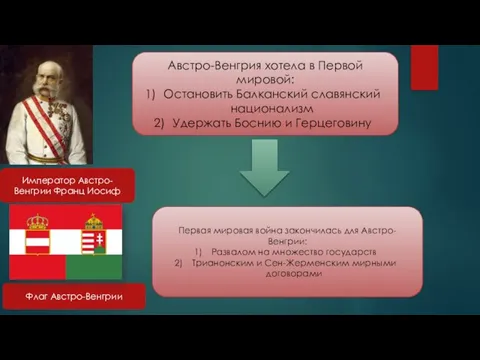 Император Австро-Венгрии Франц Иосиф Флаг Австро-Венгрии Австро-Венгрия хотела в Первой мировой: Остановить