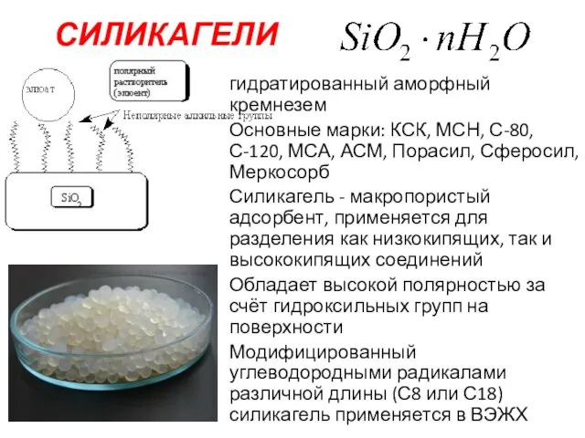 СИЛИКАГЕЛИ гидратированный аморфный кремнезем Основные марки: КСК, МСН, С-80, С-120, МСА, АСМ,