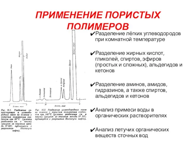 ПРИМЕНЕНИЕ ПОРИСТЫХ ПОЛИМЕРОВ Разделение лёгких углеводородов при комнатной температуре Разделение жирных кислот,