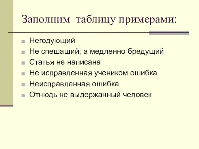 Заполним таблицу примерами: Негодующий Не спешащий, а медленно бредущий Статья не написана