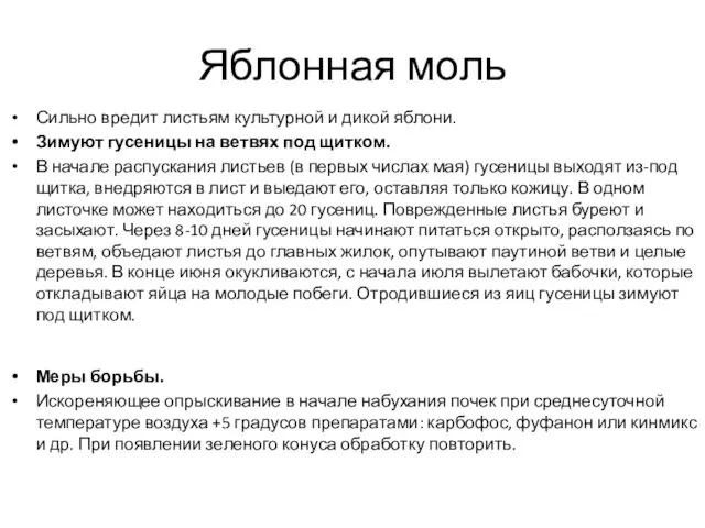 Яблонная моль Сильно вредит листьям культурной и дикой яблони. Зимуют гусеницы на