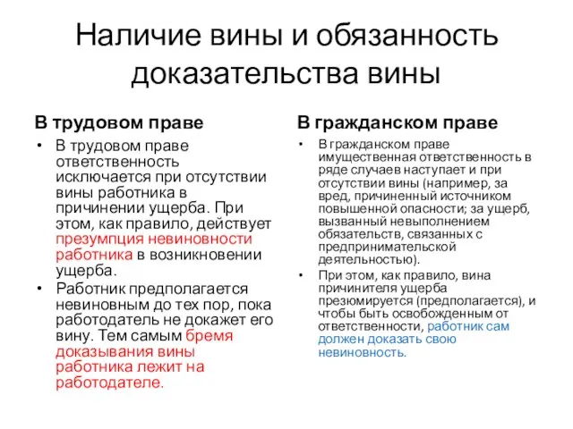 Наличие вины и обязанность доказательства вины В трудовом праве В трудовом праве