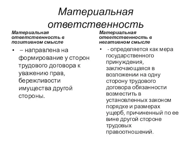 Материальная ответственность Материальная ответственность в позитивном смысле – направлена на формирование у