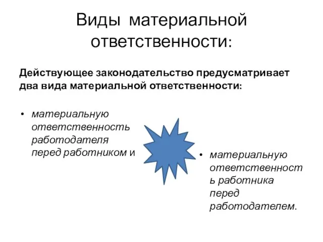 Виды материальной ответственности: Действующее законодательство предусматривает два вида материальной ответственности: материальную ответственность