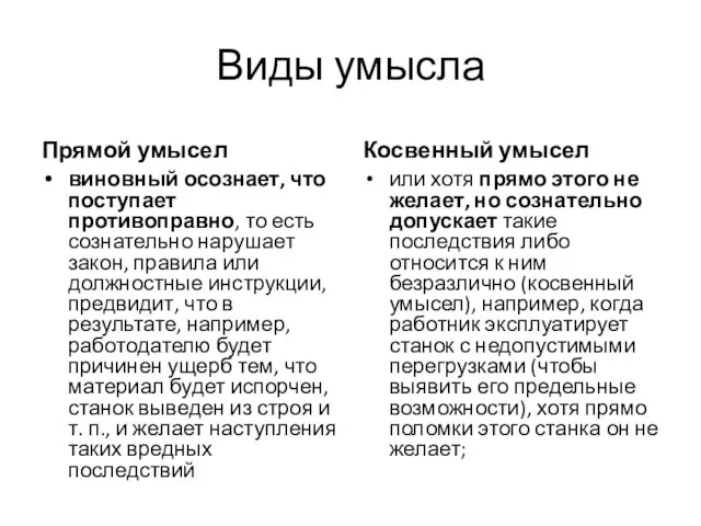 Виды умысла Прямой умысел виновный осознает, что поступает противоправно, то есть сознательно