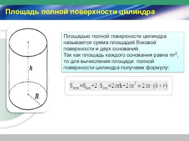 Площадь полной поверхности цилиндра Площадью полной поверхности цилиндра называется сумма площадей боковой