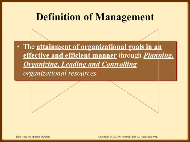Definition of Management The attainment of organizational goals in an effective and