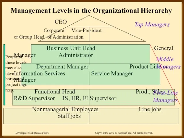 Management Levels in the Organizational Hierarchy CEO Corporate Vice-President or Group Head
