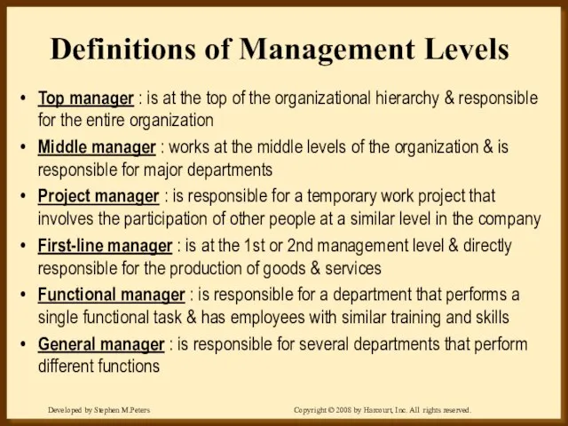 Definitions of Management Levels Top manager : is at the top of