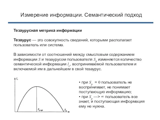 Измерение информации. Семантический подход Тезаурусная метрика информации Тезаурус — это совокупность сведений,