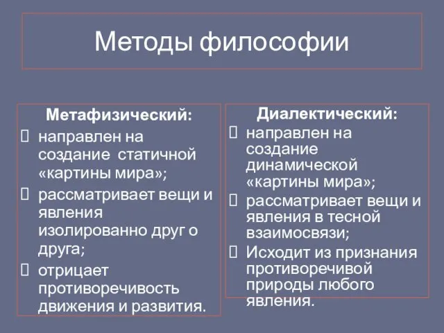 Методы философии Диалектический: направлен на создание динамической «картины мира»; рассматривает вещи и