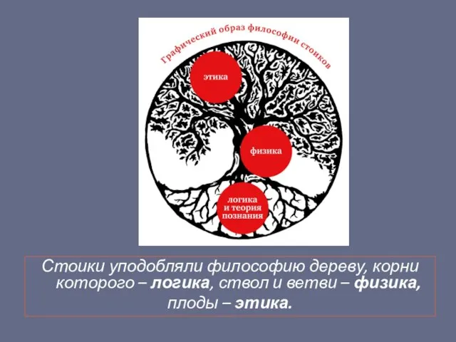 Стоики уподобляли философию дереву, корни которого – логика, ствол и ветви – физика, плоды – этика.