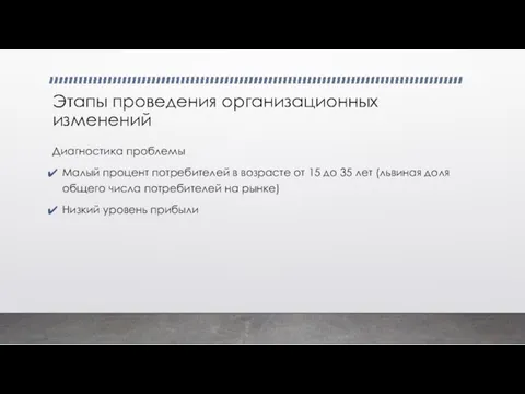 Этапы проведения организационных изменений Диагностика проблемы Малый процент потребителей в возрасте от