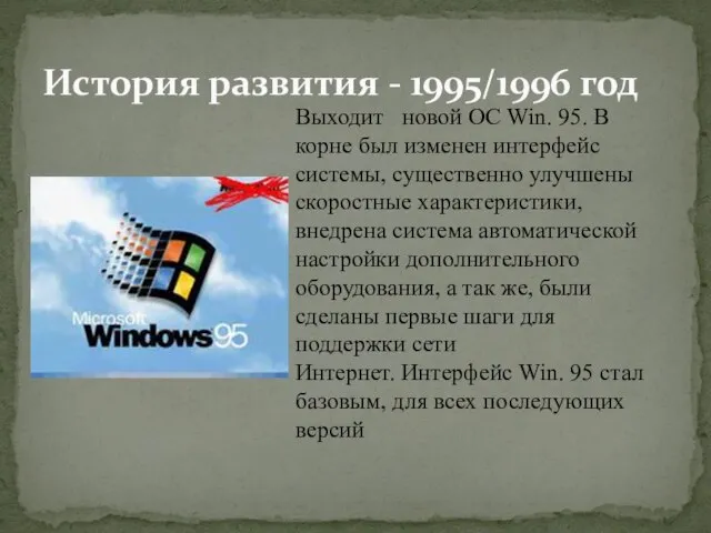 История развития - 1995/1996 год Выходит новой ОС Win. 95. В корне
