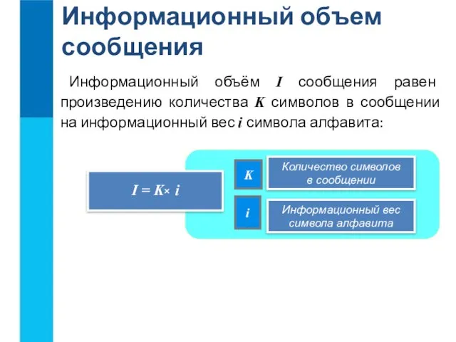 Информационный объем сообщения Информационный объём I сообщения равен произведению количества K символов