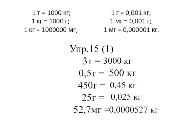 1 т = 1000 кг; 1 г = 0,001 кг; 1 кг