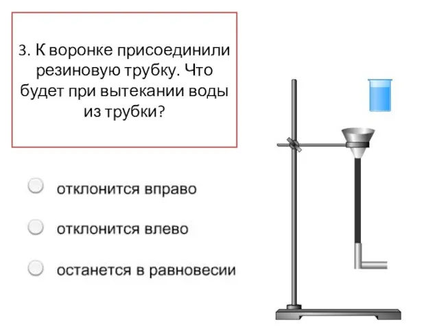 3. К воронке присоединили резиновую трубку. Что будет при вытекании воды из трубки?