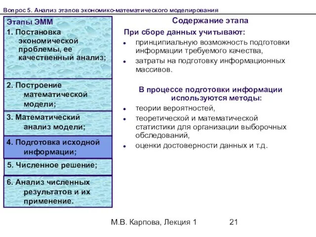 М.В. Карпова, Лекция 1 Содержание этапа Этапы ЭММ 1. Постановка экономической проблемы,