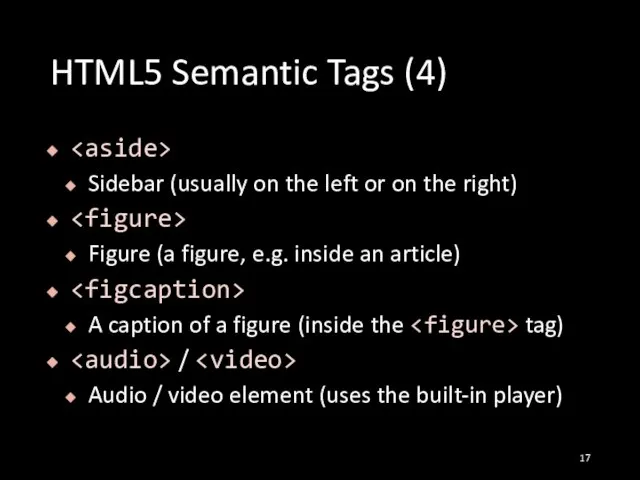 HTML5 Semantic Tags (4) Sidebar (usually on the left or on the