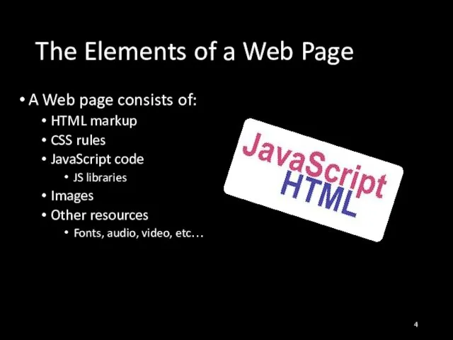 The Elements of a Web Page A Web page consists of: HTML