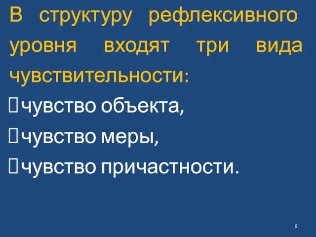 В структуру рефлексивного уровня входят три вида чувствительности: чувство объекта, чувство меры, чувство причастности.