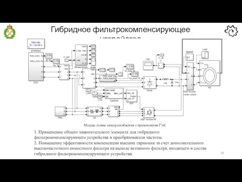 Гибридное фильтрокомпенсирующее устройство Модель схемы электроснабжения с применением ГЭК 1. Применение общего