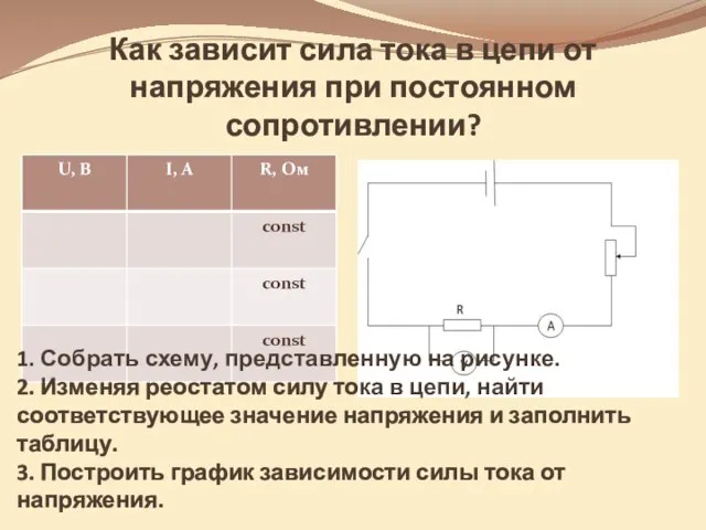 Как зависит сила тока в цепи от напряжения при постоянном сопротивлении? 1.