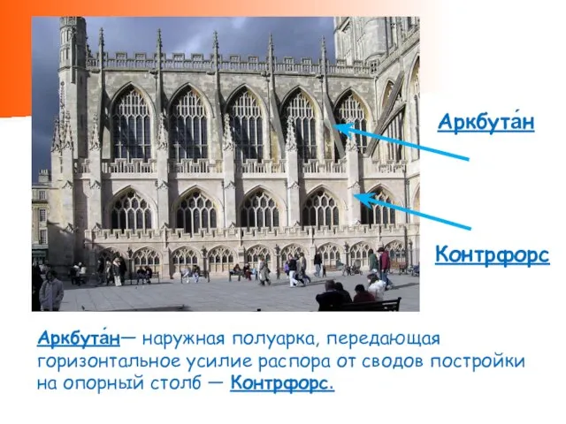 Аркбута́н— наружная полуарка, передающая горизонтальное усилие распора от сводов постройки на опорный