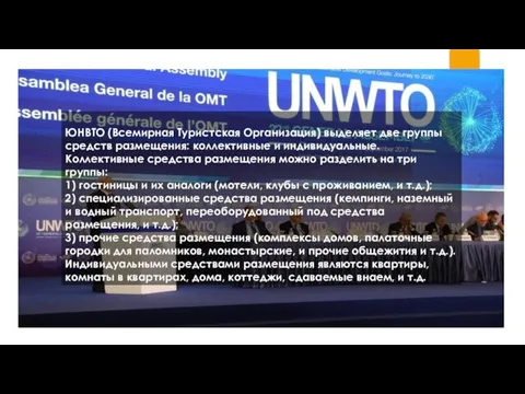 ЮНВТО (Всемирная Туристская Организация) выделяет две группы средств размещения: коллективные и индивидуальные.