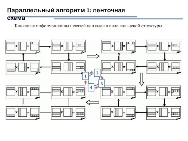 Параллельный алгоритм 1: ленточная схема Топология информационных связей подзадач в виде кольцевой