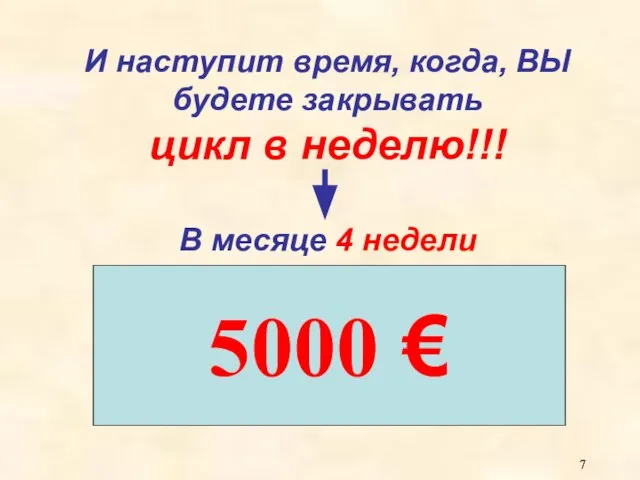 5000 € И наступит время, когда, ВЫ будете закрывать цикл в неделю!!! В месяце 4 недели