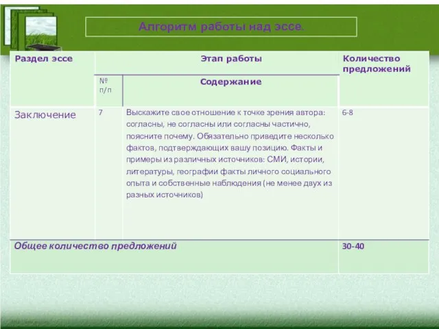 Алгоритм работы над эссе.