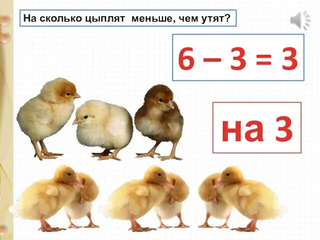 На сколько цыплят меньше, чем утят? на 3 6 – 3 = 3