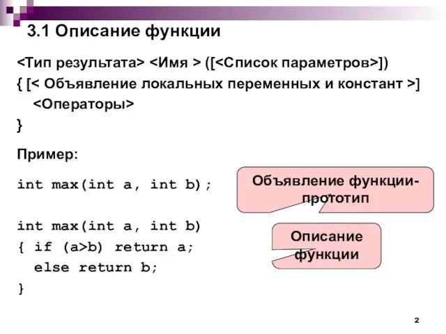 3.1 Описание функции ([ ]) { [ ] } Пример: int max(int