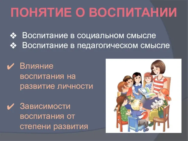 ПОНЯТИЕ О ВОСПИТАНИИ Воспитание в социальном смысле Воспитание в педагогическом смысле Влияние