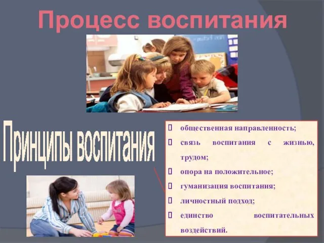 Процесс воспитания Принципы воспитания общественная направленность; связь воспитания с жизнью, трудом; опора