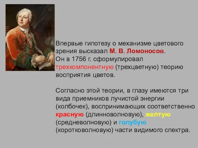 Впервые гипотезу о механизме цветового зрения высказал М. В. Ломоносов. Он в