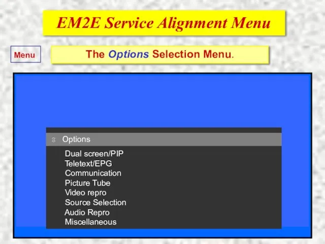 EM2E Service Alignment Menu EM2E Service Alignment Menu The Options Selection Menu.