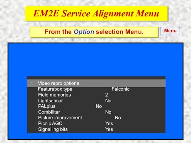 EM2E Service Alignment Menu EM2E Service Alignment Menu ⇳ Drive Featurebox type