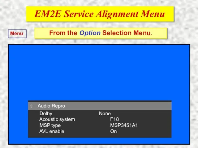 EM2E Service Alignment Menu EM2E Service Alignment Menu From the Option Selection