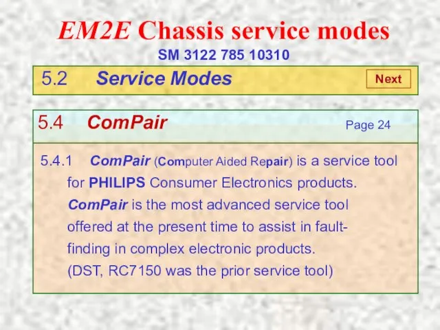 EM2E Chassis service modes SM 3122 785 10310 5.2 Service Modes 5.4