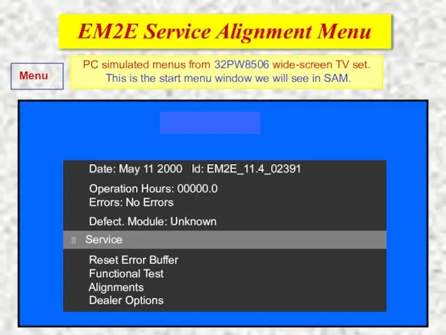 EM2E Service Alignment Menu EM2E Service Alignment Menu Date: May 11 2000