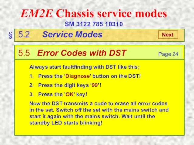 EM2E Chassis service modes SM 3122 785 10310 § 5.2 Service Modes